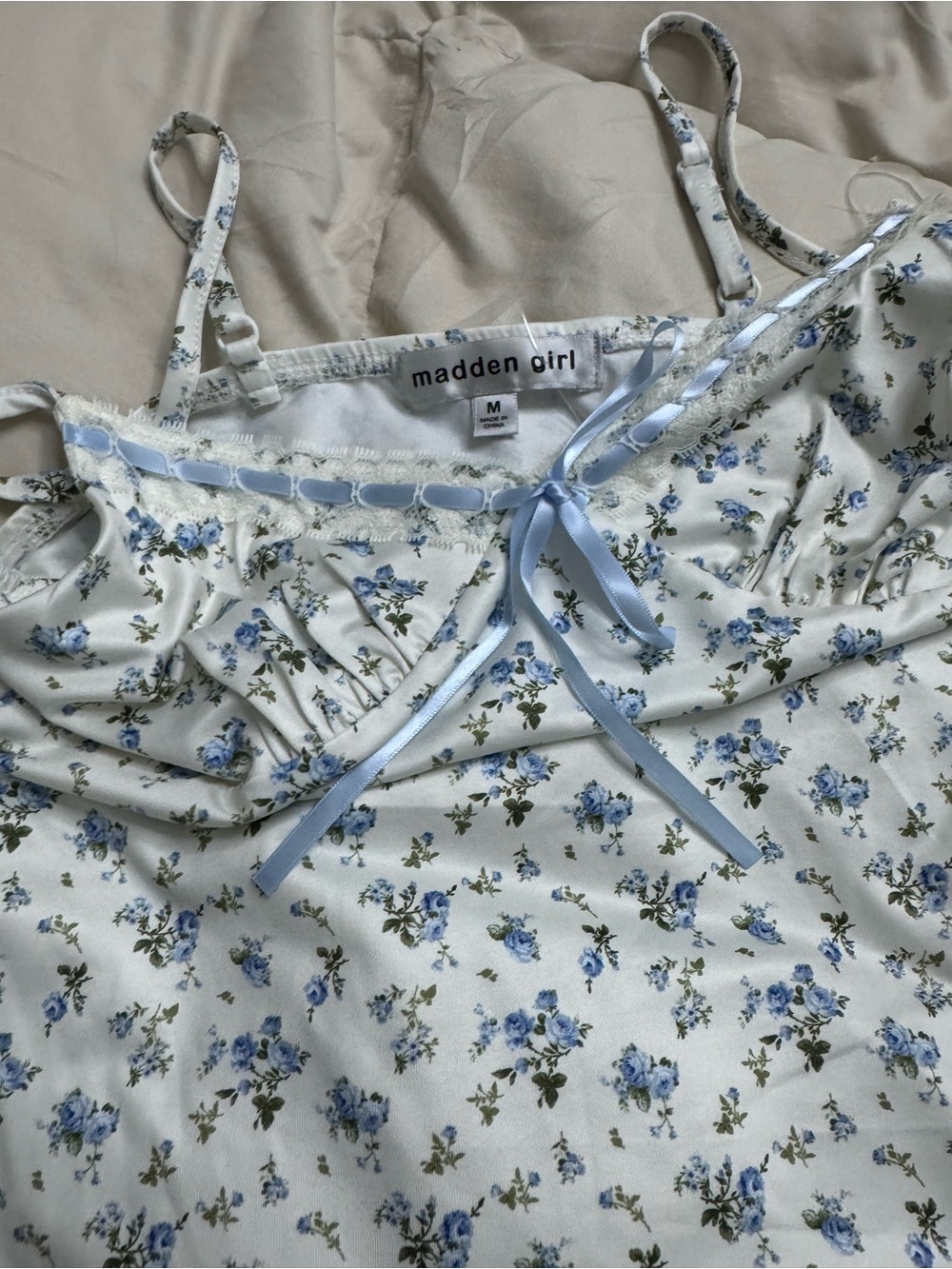 Madden Girl Cream Slip Dress with Blue Floral Print